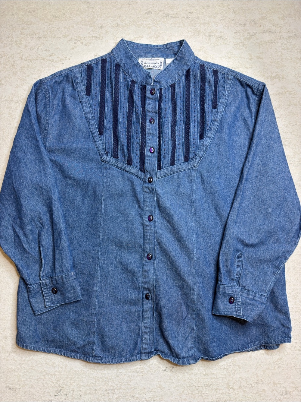 Sara Studio Denim Pintuck Bib Shirt With Lace Size L